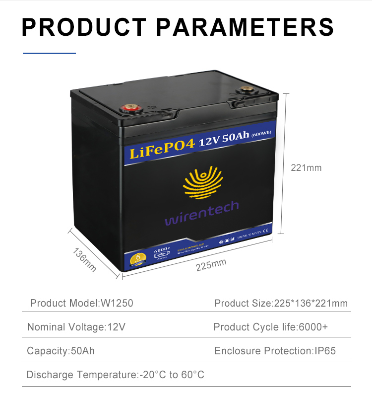 WIRENTECH 600w 12v 50Ah Lithium Battery For Solar Light